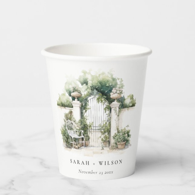 Classy French Garden Landscape Watercolor Wedding Paper Cups (Front)