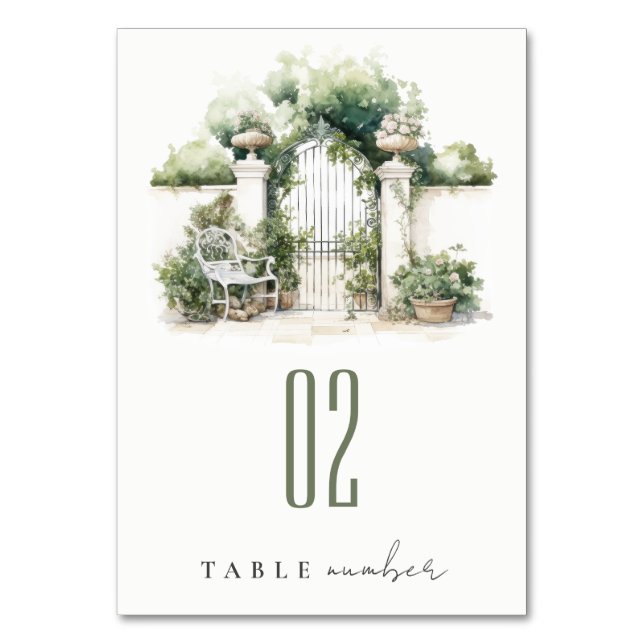 Classy French Garden Landscape Watercolor Wedding Table Number (Front)