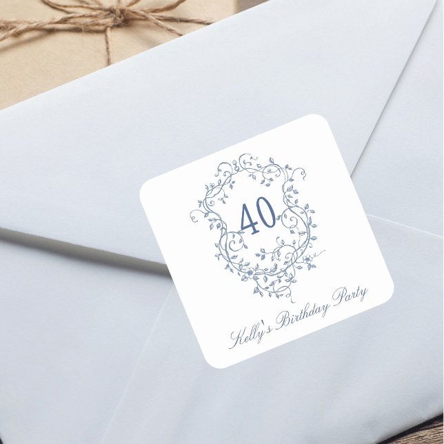 Classy French Victorian Blue 40th Birthday Party Square Sticker (Creator Uploaded)