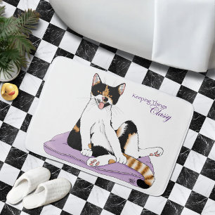 Classy Funny Calico Cat Purple Bath Mat