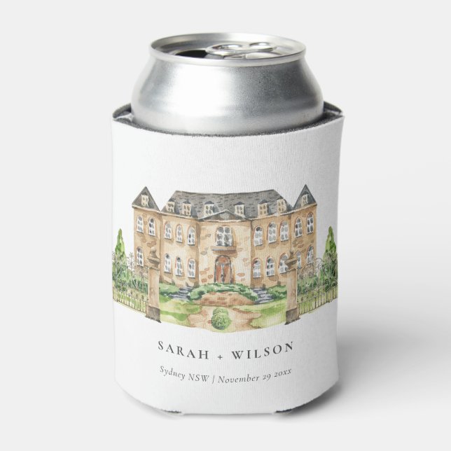 Classy Garden Chateau Manor Watercolor Wedding Can Cooler (Can Front)