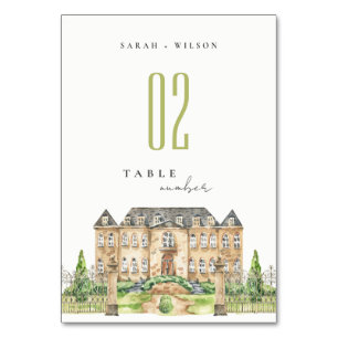 Classy Garden Chateau Manor Watercolor Wedding Table Number