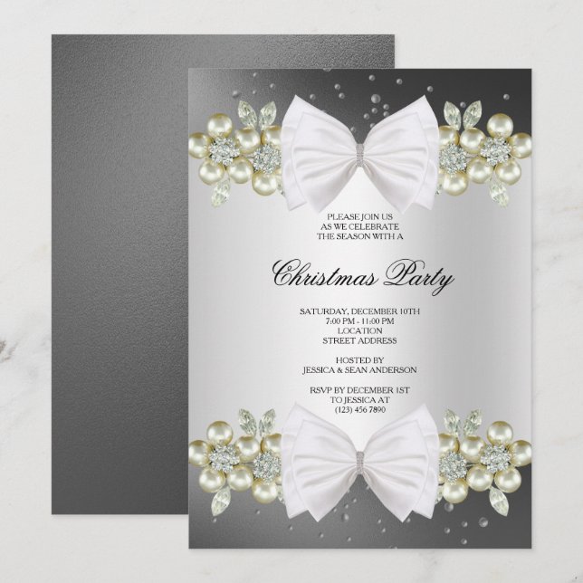 Classy Gems & Bow Black Christmas Invitation (Front/Back)