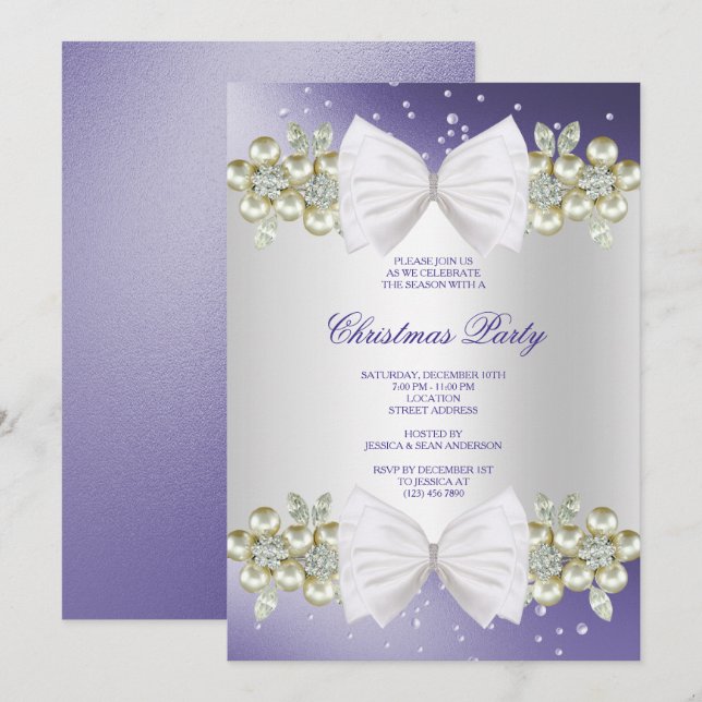 Classy Gems & Bow Blue Christmas Invitation (Front/Back)