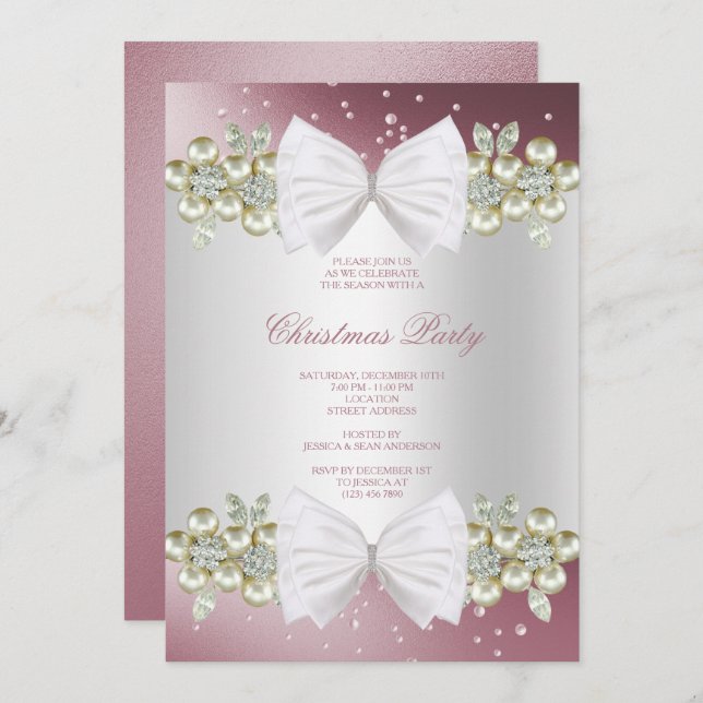 Classy Gems & Bow Pink Christmas Invitation (Front/Back)
