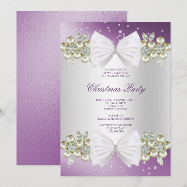 Classy Gems & Bow Purple Christmas Invitation (Front/Back)
