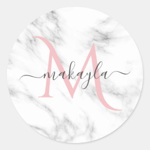 Classy Girly Luxury Marble Design Name Monogram Classic Round Sticker