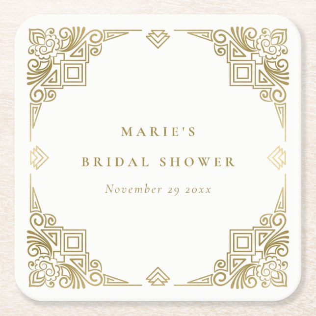 Classy Glam Gold Art Deco Ornate Bridal Shower Square Paper Coaster (Front)