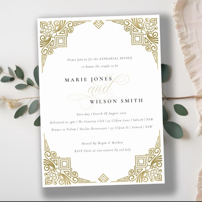 Classy Glam Gold Art Deco Ornate Rehearsal Dinner Invitation (Creator Uploaded)
