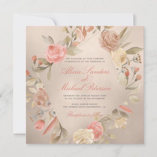 Classy Glam Peach Cream Coral Gold Roses Wedding Invitation (Front)
