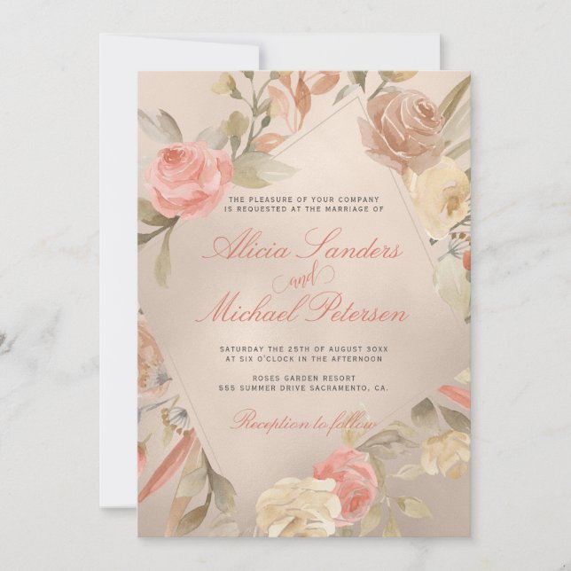 Classy Glam Peach Cream Coral Gold Roses Wedding Invitation (Front)