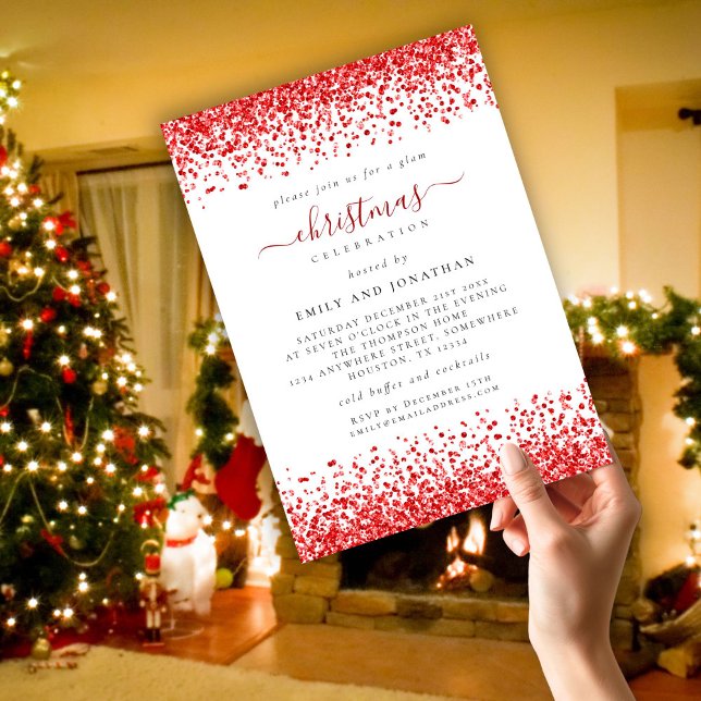 Classy Glam Red Glitter Christmas Party White Invitation (Creator Uploaded)
