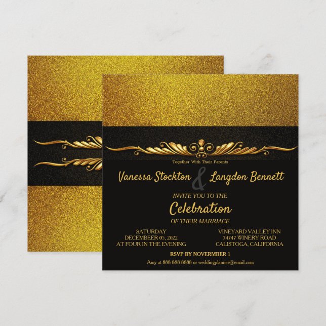 Classy Glitzy Gold Wedding Invitation (Front/Back)