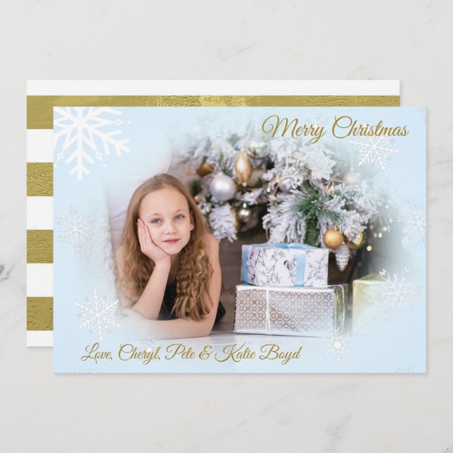 Classy Gold and Blue Custom Photo Christmas Invitation (Front/Back)