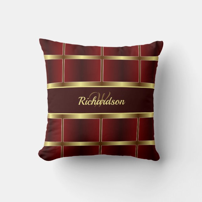  Classy Gold And Burgundy Chequered Pattern Cushion (Front)
