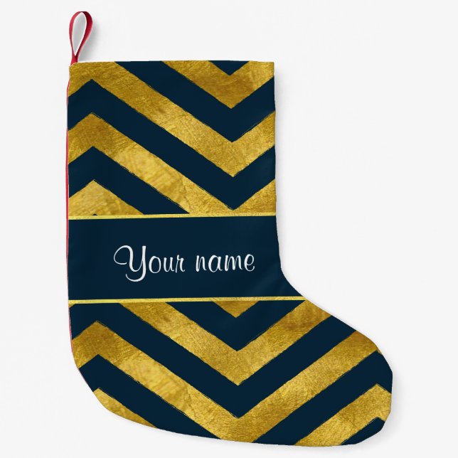 Classy Gold and Navy Blue Chevrons Small Christmas Stocking (Front)