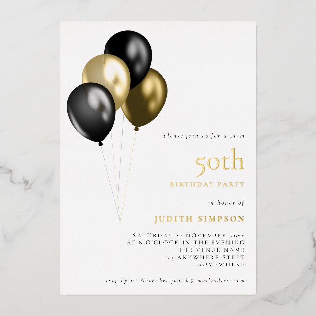 Classy Gold Black Balloons 50th Birthday Real (Front)