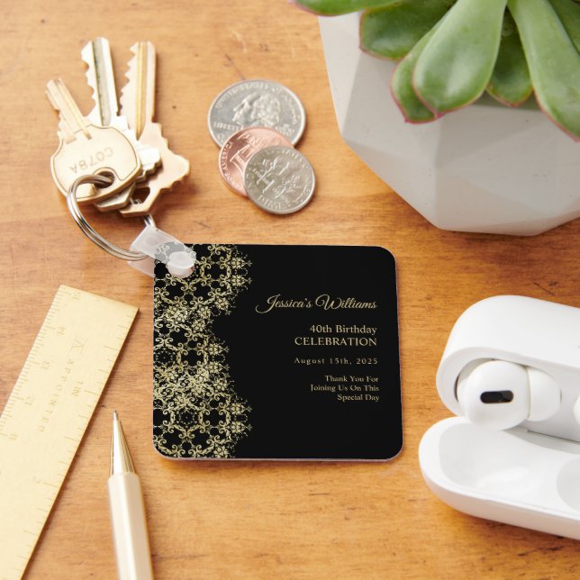 Classy Gold & Black Damask 40th Birthday Key Ring (Desk)