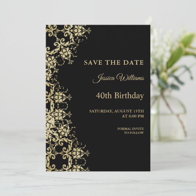 Classy Gold & Black Damask 40th Birthday Save The Date (Standing Front)
