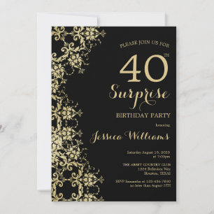 Classy Gold & Black Damask 40th Birthday Surprise Invitation