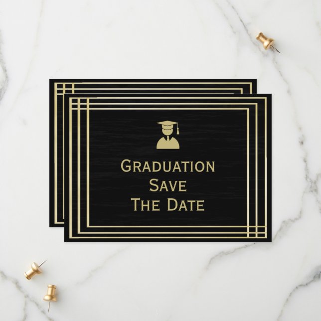 Classy Gold & Black Graduation Party Save The Date (Front/Back In Situ)