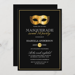Classy Gold & Black Masquerade Sweet 16 Party Invitation