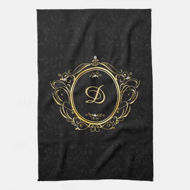 Classy gold black monogram damask design tea towel (Vertical)