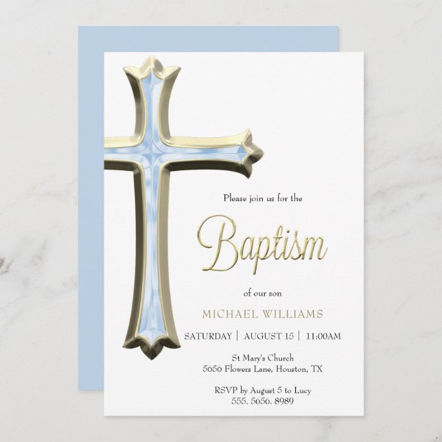 Classy Gold & Blue Cross Baptism Invitation (Front/Back)