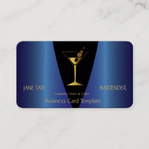Classy Gold Blue Metallic Bartender Business Card