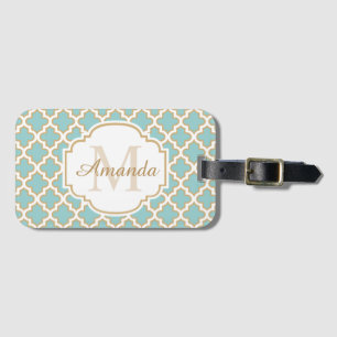 Classy Gold Blue Vintage Quatrefoil Monogram Name Luggage Tag