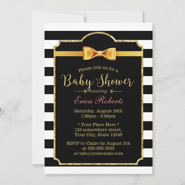 Classy Gold Bow Tie Modern Stripes Baby Shower Invitation (Front)