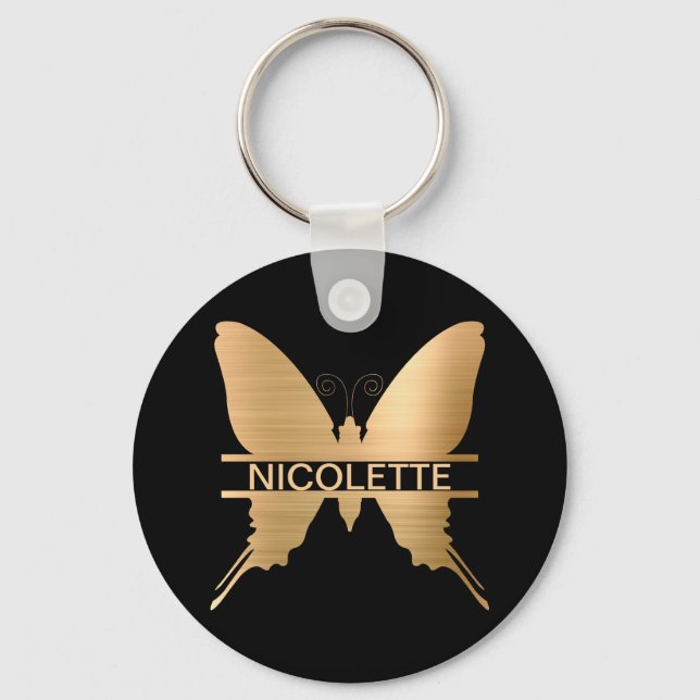 Classy Gold Butterfly Add Name Monogram Custom Key Ring (Front)