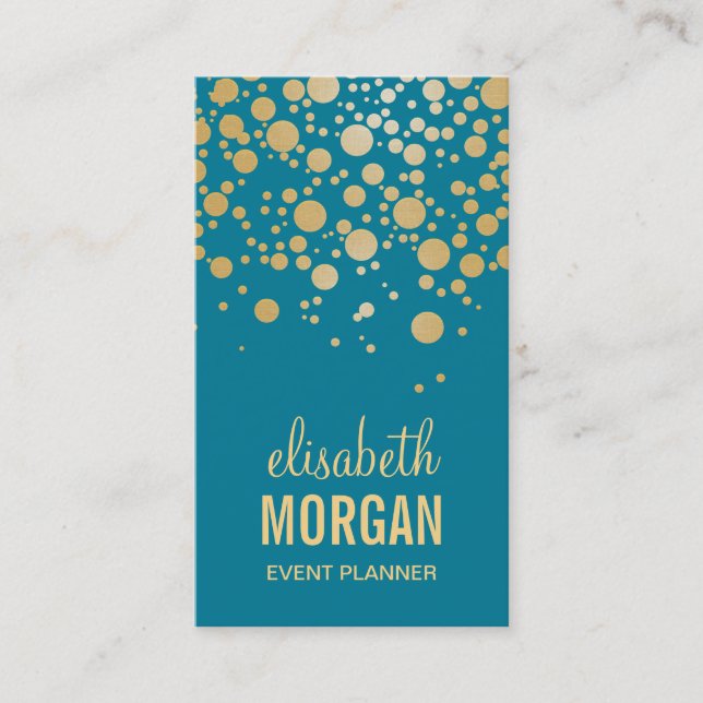 Classy Gold Confetti Dots - Retro Teal Blue Business Card (Front)
