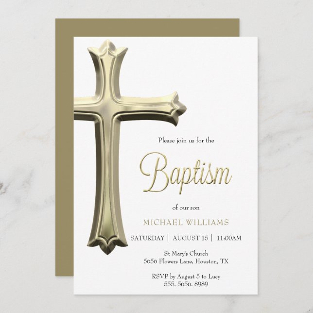 Classy Gold Cross Baptism Invitation (Front/Back)