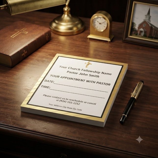 Classy Gold Cross Church Pastor Appointment Notepad (The gold details are simulated in the artwork, no metal is used in making this paper product.)