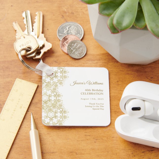 Classy Gold Damask 40th Birthday Key Ring (Desk)