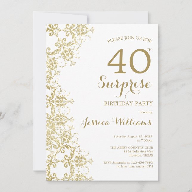 Classy Gold Damask 40th Birthday Surprise Invitation (Front)