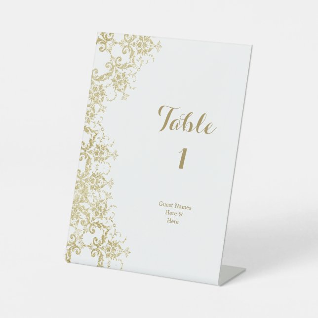 Classy Gold Damask Birthday Table Number Pedestal Sign (Front)