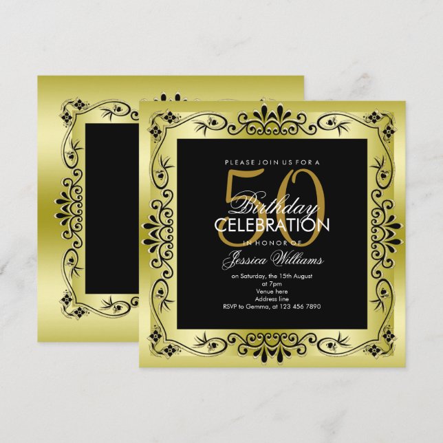 Classy Gold Decorative Framed 50th Birthday Invitation (Front/Back)