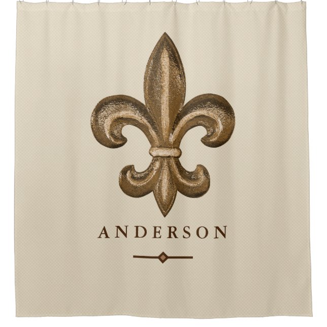 Classy Gold Fleur de Lis & Taupe | Personalised Shower Curtain (Front)