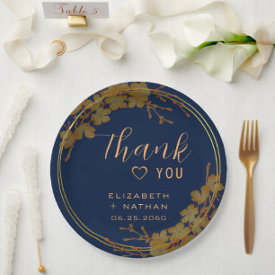 Classy Gold Floral Navy Blue Paper Plate
