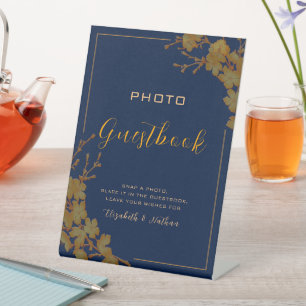 Classy Gold Floral Navy Blue Photo Guestbook Pedestal Sign