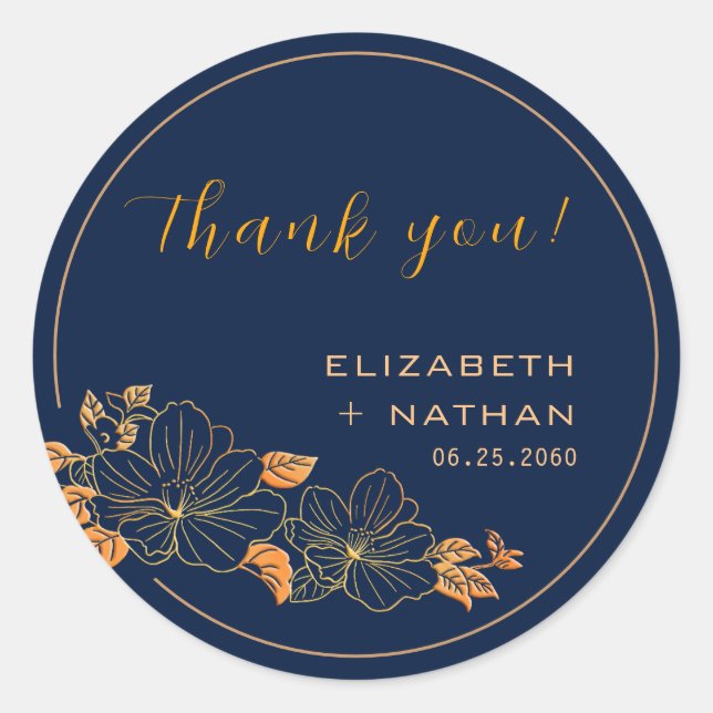 Classy Gold Floral Navy Blue Wedding Thank You Classic Round Sticker (Front)