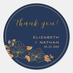 Classy Gold Floral Navy Blue Wedding Thank You Classic Round Sticker