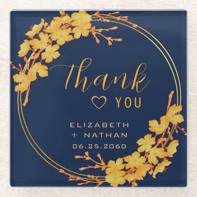 Classy Gold Floral Navy Blue Wedding Thank You Glass Coaster (Front)