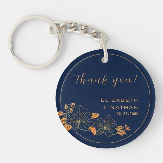 Classy Gold Floral Navy Blue Wedding Thank You Key Ring (Front)
