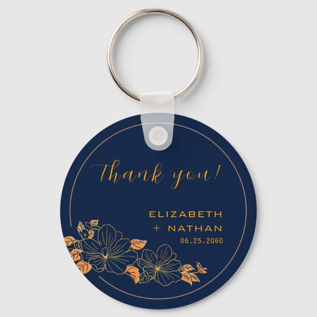 Classy Gold Floral Navy Blue Wedding Thank You Key Ring (Front)
