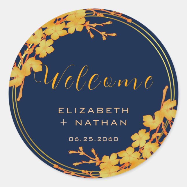 Classy Gold Floral Navy Blue Wedding Welcome Classic Round Sticker (Front)