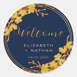 Classy Gold Floral Navy Blue Wedding Welcome Classic Round Sticker
