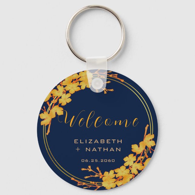 Classy Gold Floral Navy Blue Wedding Welcome Key Ring (Front)